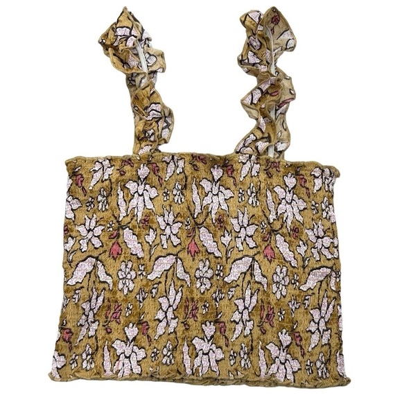 New Aerie Tops Jungle Thrills Floral Smocked Tank Top Color: Tan/Yellow - Picture 2 of 6